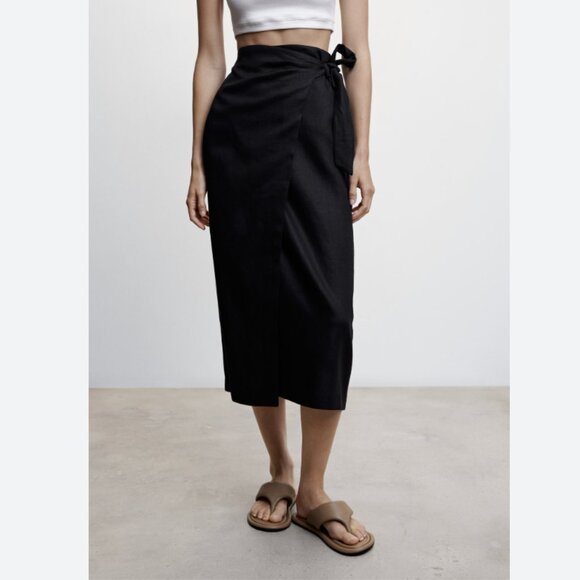Mango Linen Wrap Midi Skirt Side Tie Sarong Black Size Medium - Picture 1 of 10